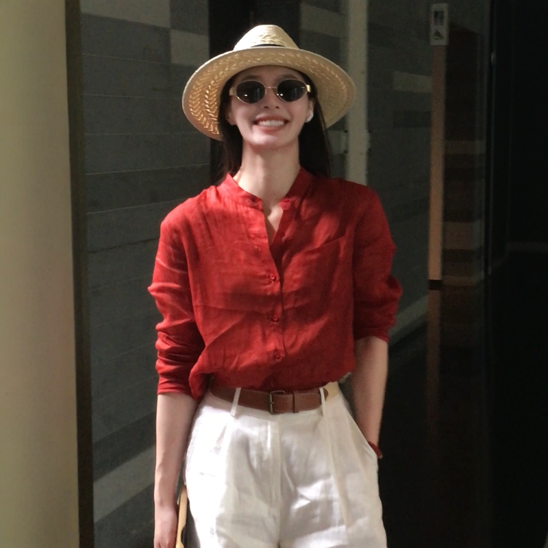 Old Money Style Red Thin Sun Protection Shirt, Light Luxury, High-End Feel, Slimming Shirt, French Style, Petite Top for Women, Summer Old Money Style Red Thin Sun Protection Shirt, Light Luxury, High-End Feel, Slimming Shirt, French Style, Petite Top for Women, Summer