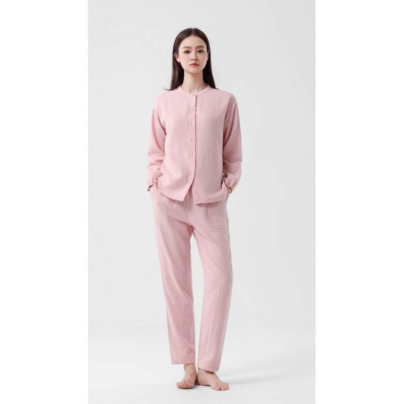 【National Style Solid Color】Pajamas All-Cotton Double-Layer Gauze Loungewear Men's and Women's Pajamas Couple Long-Sleeve Set