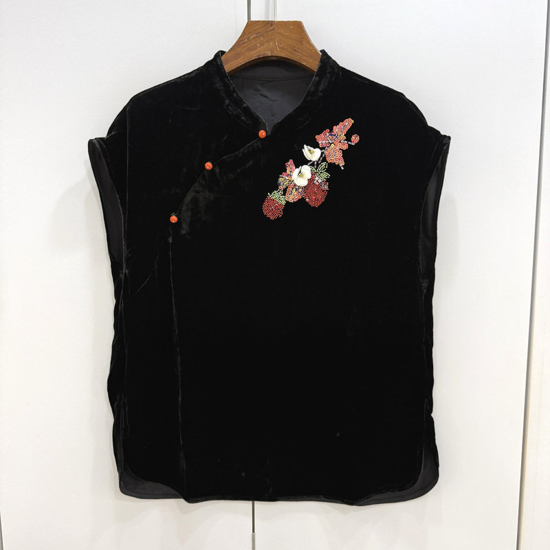 37326 European-Style Heavy-Duty Beaded Sequin Embroidered Floral Stand Collar Diagonal Button Silk Velvet Flutter Sleeve Blouse for Women 37326 European-Style Heavy-Duty Beaded Sequin Embroidered Floral Stand Collar Diagonal Button Silk Velvet Flutter Sleeve Blouse for Women