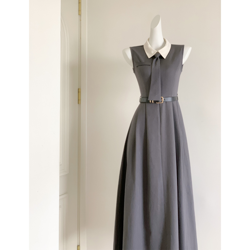 【Grey Ink】French Retro Gray Dress, Preppy Style, Sleeveless, Slim Fit, Elegant Long Dress for Commuting in Summer