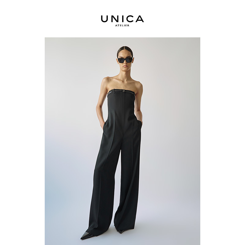 ユニカアトリエ パリライン |レザートリムのミニマリストジャンプスーツ/バンデージトップのワイドレッグパンツセット