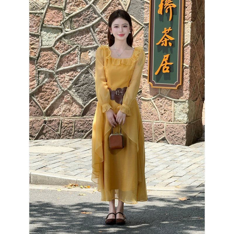 Lili【Sunset Dusk】French-Style Design 2026 Autumn Square-Neck Long Dress Elegant Fairy Dress
