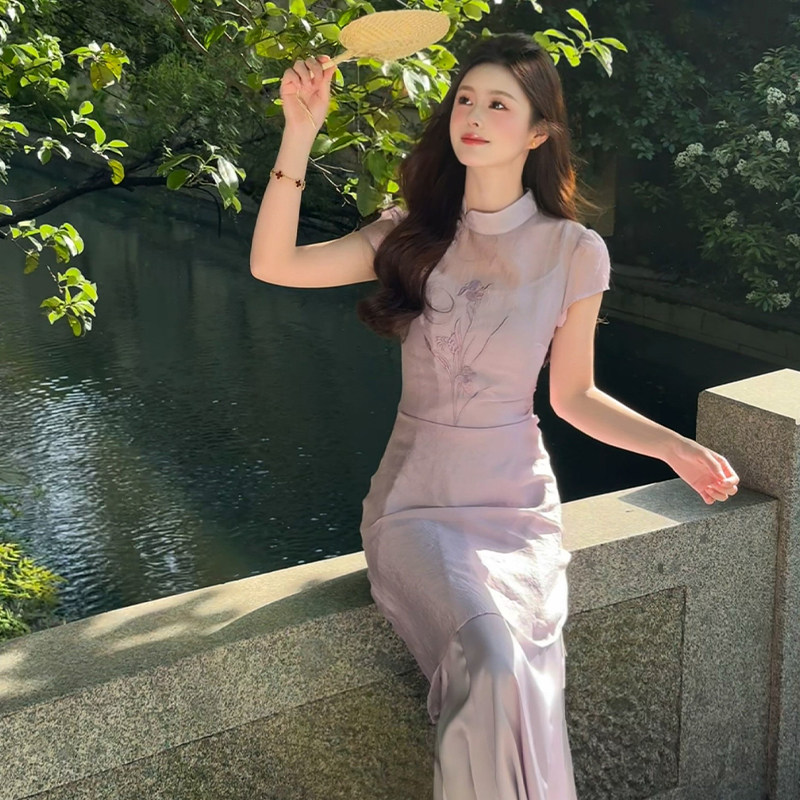 七七很芒【紫竹铃】新中式刺绣旗袍纱裙2026夏新品吊带连衣裙套装-淘宝