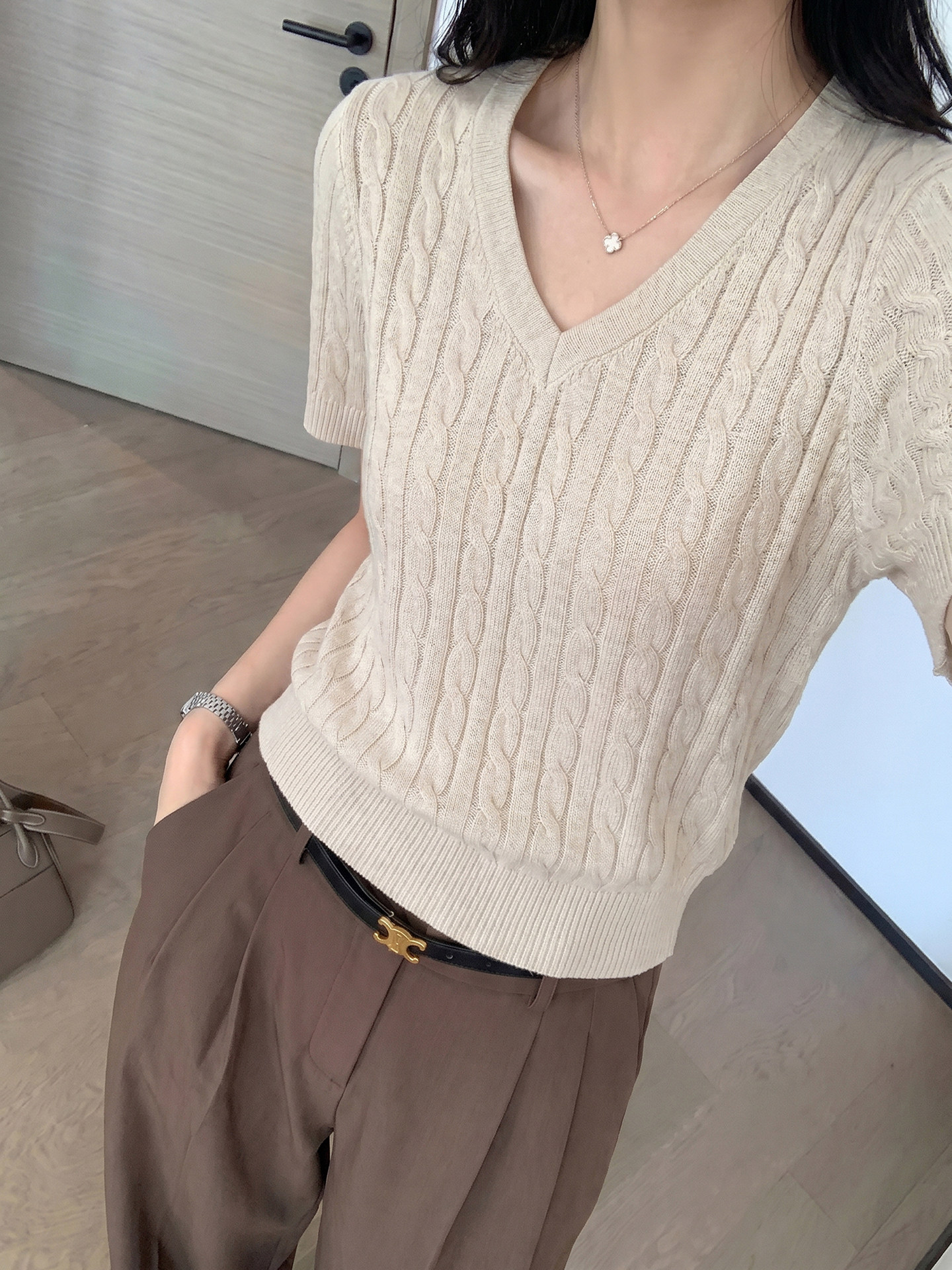 Women V-Neck Twist Knit Short Sleeve Slim Fit Summer Top