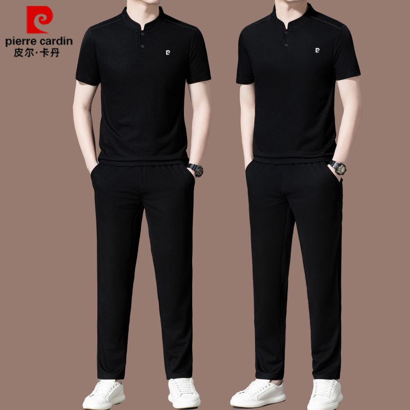 Pierre Cardin High-End Brand Short-Sleeved Sports Suit for Men, Summer Thin Mulberry Silk Casual Sportswear Two-Piece Set