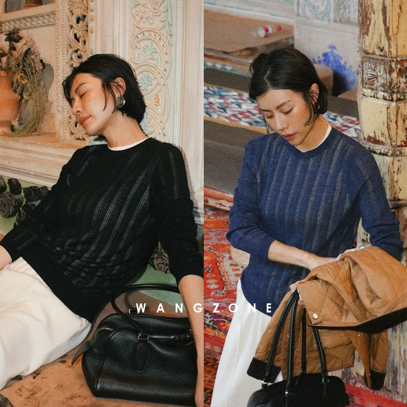 Wang Zone｜Basulan Craftsmanship High-Count Fine-Spun 100% Wool Hollow-Out Dark Pattern Knit Long-Sleeve