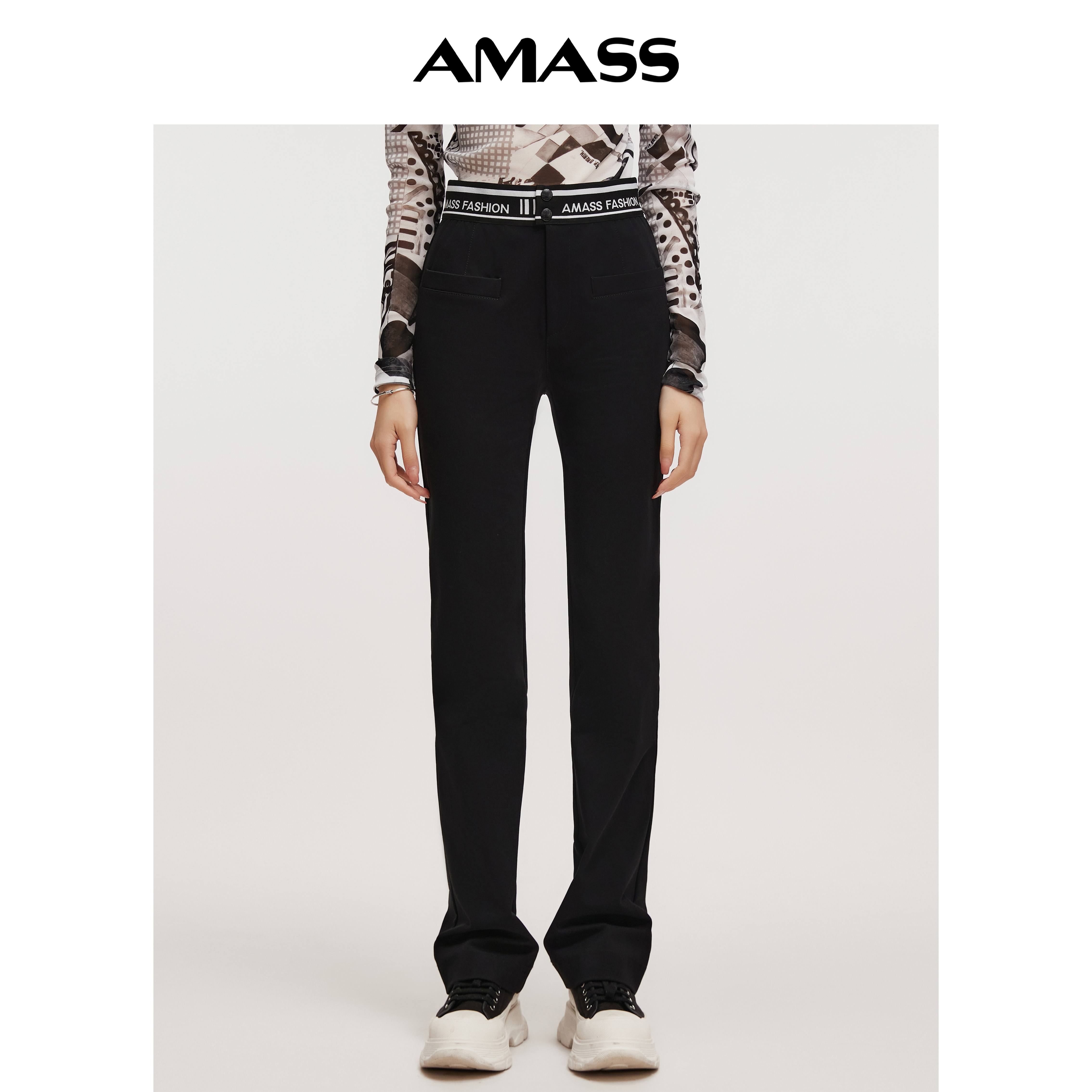 アマス 春夏新作 四方ストレッチ 丈長 カジュアルパンツ ハイウエスト スリムフィット フレアパンツ レディース 服 5100460
