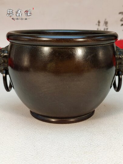 纯铜聚宝盆狮耳带环紫铜包浆光身故宫狮缸耳炉烟灰缸大号家用摆件