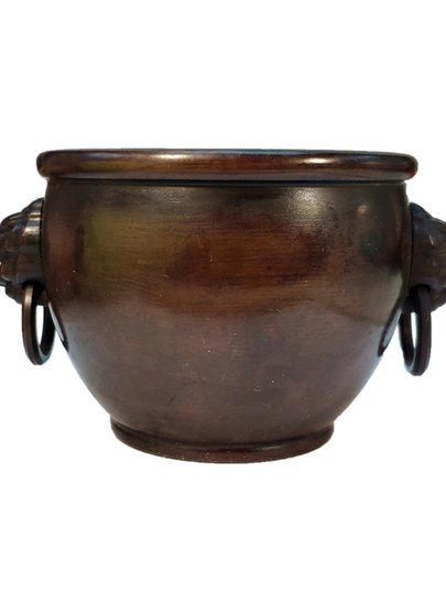 纯铜聚宝盆狮耳带环紫铜包浆光身故宫狮缸耳炉烟灰缸大号家用摆件