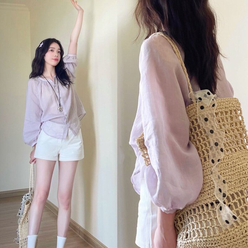 Summer Thin Light Purple Chiffon Shirt for Petite Women, Loose Fit, Unique Design, Long-Sleeved Shirt for Outerwear That Covers the Body