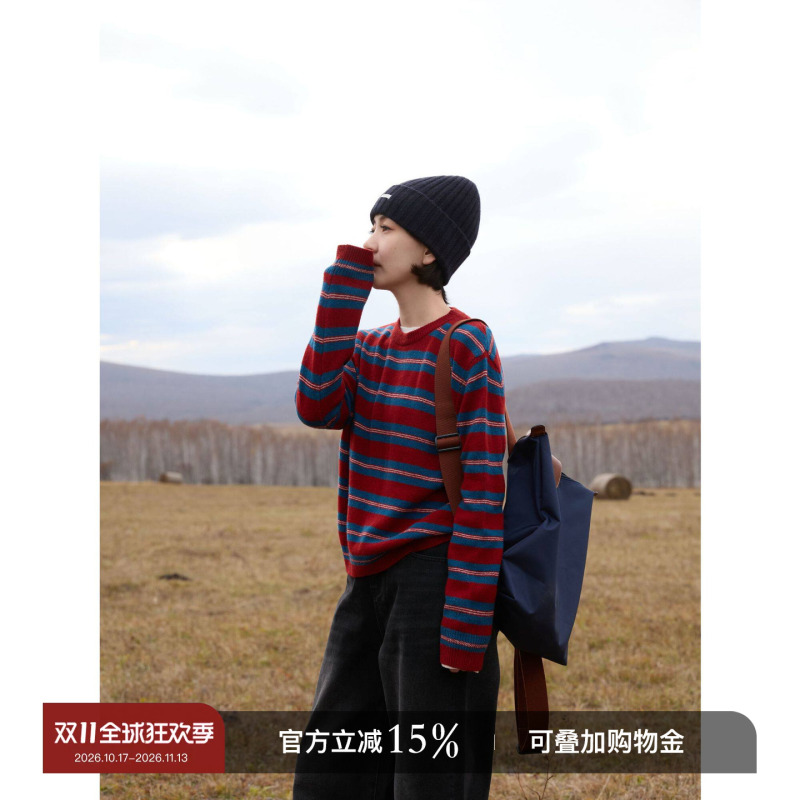 Yololite/'Red and Blue Order' 26 Winter New Wool Color-Block Sweater Pullover Striped Long-Sleeve Knitwear