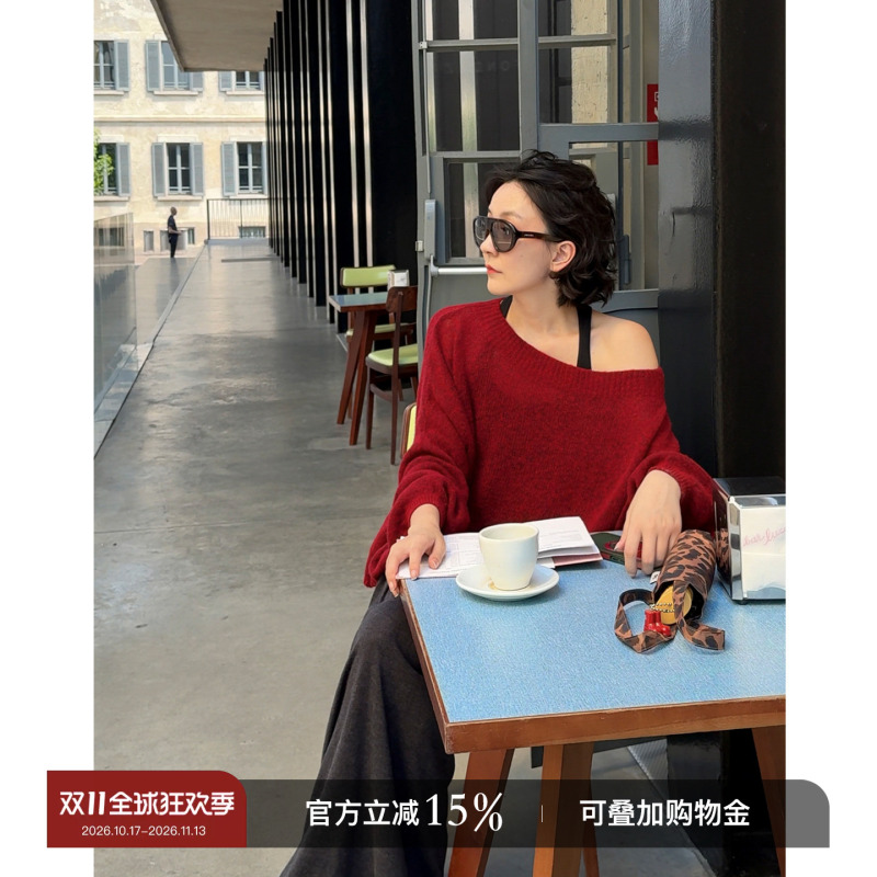Yololite/'Berry' 26 Autumn New Korean Style Red Knitted Top Loose Round Neck Wool Sweater