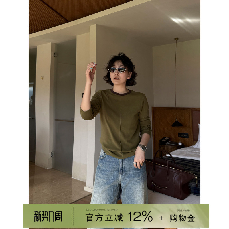 Yololite/Healing Series'26 Autumn New Casual Style Army Green Long Sleeve Top Cotton Pullover T-Shirt for Women Yololite/Healing Series'26 Autumn New Casual Style Army Green Long Sleeve Top Cotton Pullover T-Shirt for Women