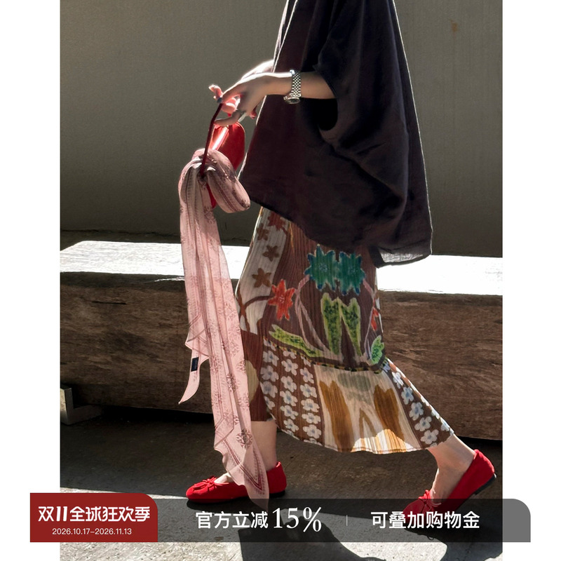 Yololite/'Flowers' Irregular Print Dopamine Pleated Midi Skirt Women's Accordion Pleated Straight Skirt Yololite/'Flowers' Irregular Print Dopamine Pleated Midi Skirt Women's Accordion Pleated Straight Skirt
