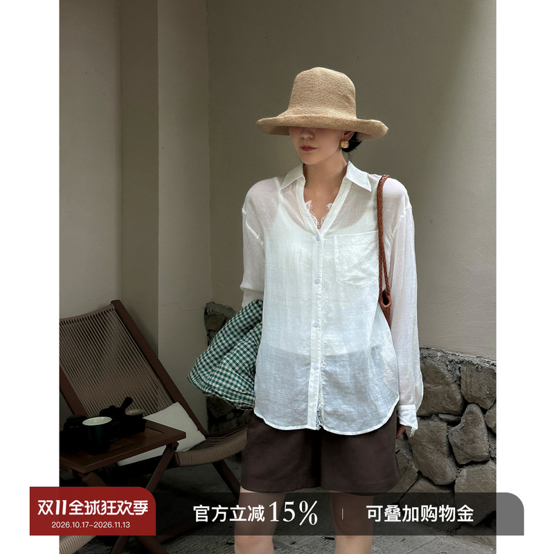 Yololite/'Moon Cage Gauze' 26 Summer New Thin Lyocell Top with Lace Placket Loose Women's Shirt