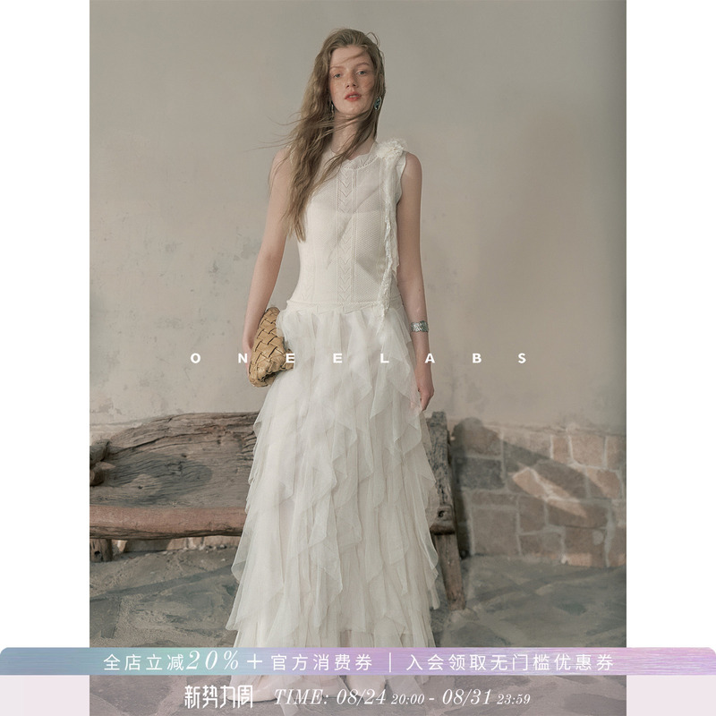 Oneelabs Original Brand, Evening Flower Realm~ Flower Ribbon White Long Dress, Beautiful Early Spring Knitted Dress