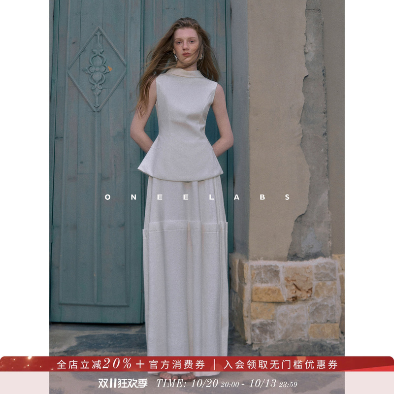 Oneelabs Original Brand/Saint Tropez~Old Money Style Linen Texture Sleeveless Top White Skirt for Women