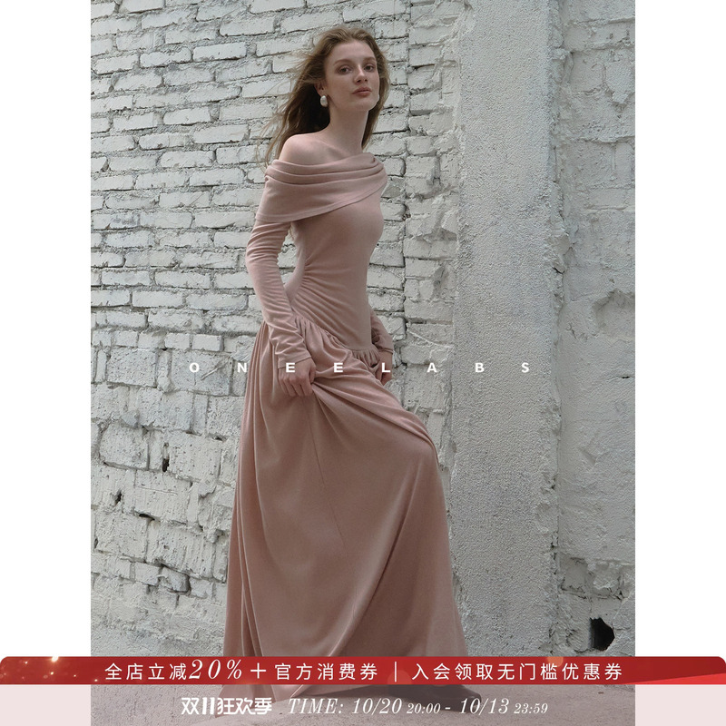 Oneelabs Original Brand Early Autumn Off-Shoulder Long Dress Modal Wool Long-Sleeved Skirt Knitted Dress for Women