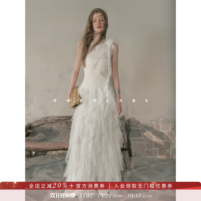 Oneelabs Original Brand, Evening Flower Realm~ Flower Ribbon White Long Dress, Early Autumn Beautiful Knitted Dress Oneelabs Original Brand, Evening Flower Realm~ Flower Ribbon White Long Dress, Early Autumn Beautiful Knitted Dress