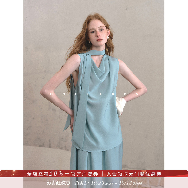 Oneelabs Original Brand Summer New Blue Ribbon Vest Sleeveless Top and Skirt Loose Suit for Women