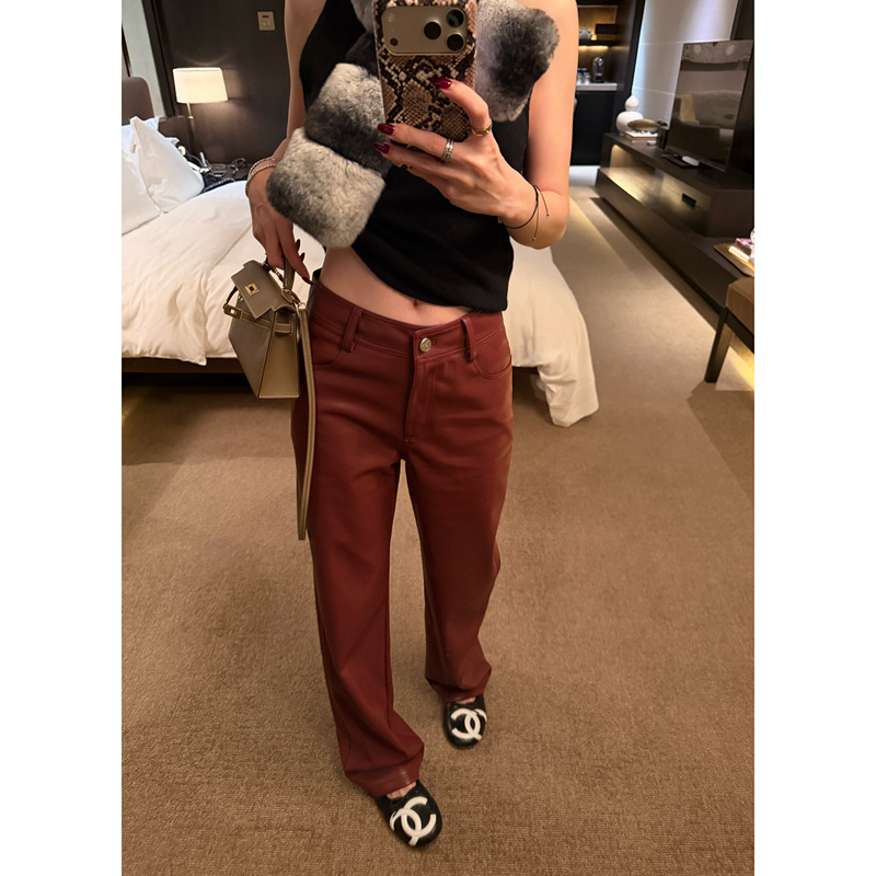 【Lin Qimai Vs】Ankora Red Straight-Leg Faux Leather Pants for Women, Autumn and Winter High-Waisted Drapey Faux Leather Long Pants, Loose Leather Pants
