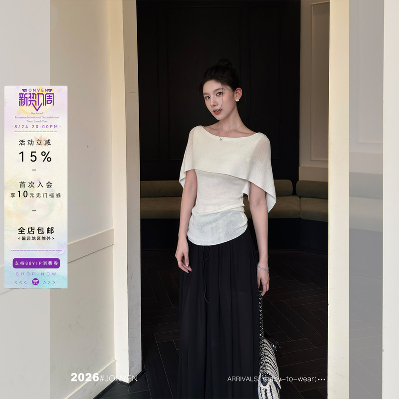 Jiang Wen's'Smoothie Tee' Minimalist Shawl Off-Shoulder Knit Top, Elegant Cape-Style Faux Two-Piece Short-Sleeve T-Shirt