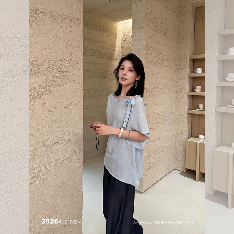 Jiang Wen's'Wuyu' Blue Asymmetrical Lightweight Flutter Sleeve Off-Shoulder Shirt, Unique and Beautiful Summer Top for Women