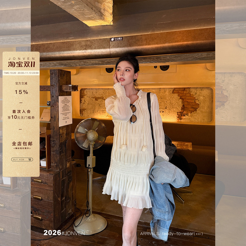 Jiang Wen's'Slowly Singing' Korean-Style Sweet Pleated Long-Sleeve Autumn Dress, Cinched Waist, Pear-Shaped Body, Pleated Short Skirt for Women