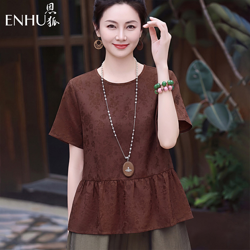 Enhu Summer New Short-Sleeved Shirt, New Chinese-Style Round-Neck Women's Loose-Fitting Belly-Covering Fashionable Blouse Top