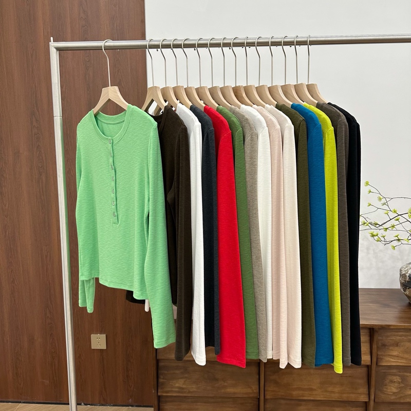 【Ruoruomei】X-2723「Korean Milk Skin Color Palette」Henry Collar Long Sleeve Women's Top Slim Fit and Flattering
