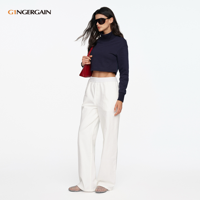 G1 Mid-High Waist Elastic Cotton Blend Loose Straight Twill White Jeans G136201100200