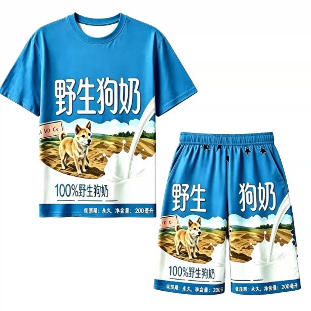 Wild Dog Milk Drink Exclusively Supplied from Western Guangdong, Direct from the Ranch, Specialty Clothing with Themed Print, Round Neck Short-Sleeve T-Shirt