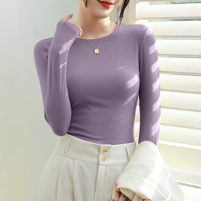 ブラザーモーダル右肩ラウンドネック長袖 Tシャツ女性のための 2024 秋と冬の新しいスタイルタイトでスリミング