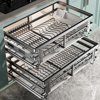 Baihan Pull-Out Basket Kitchen Cabinet Bowl Basket Drawer-Type Double-Layer 304 Stainless Carbon Steel Open-Door Built-In Dish Rack