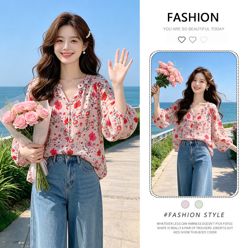 2026夏季爆款慵懒风碎花衬衫上衣女宽松舒适韩版时尚薄款防晒衬衣