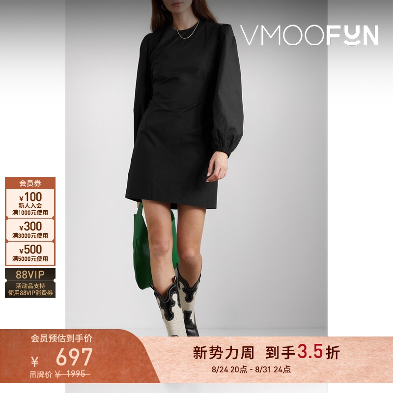 [Discount] Ganni Spring/Summer Women's Backless Cotton Mini Solid Color Little Black Dress Long Sleeve Dress