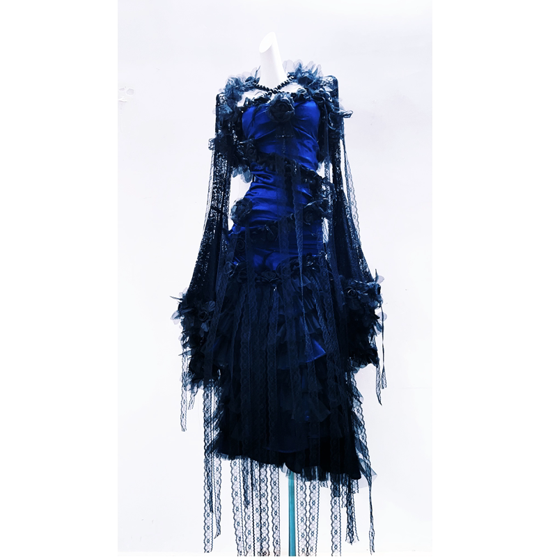 Gr Original Gothic Style Blue and Black Dress with Heavy Rose Lace and Beading, Palace-Style Cosplay Photo Shoot Outfit