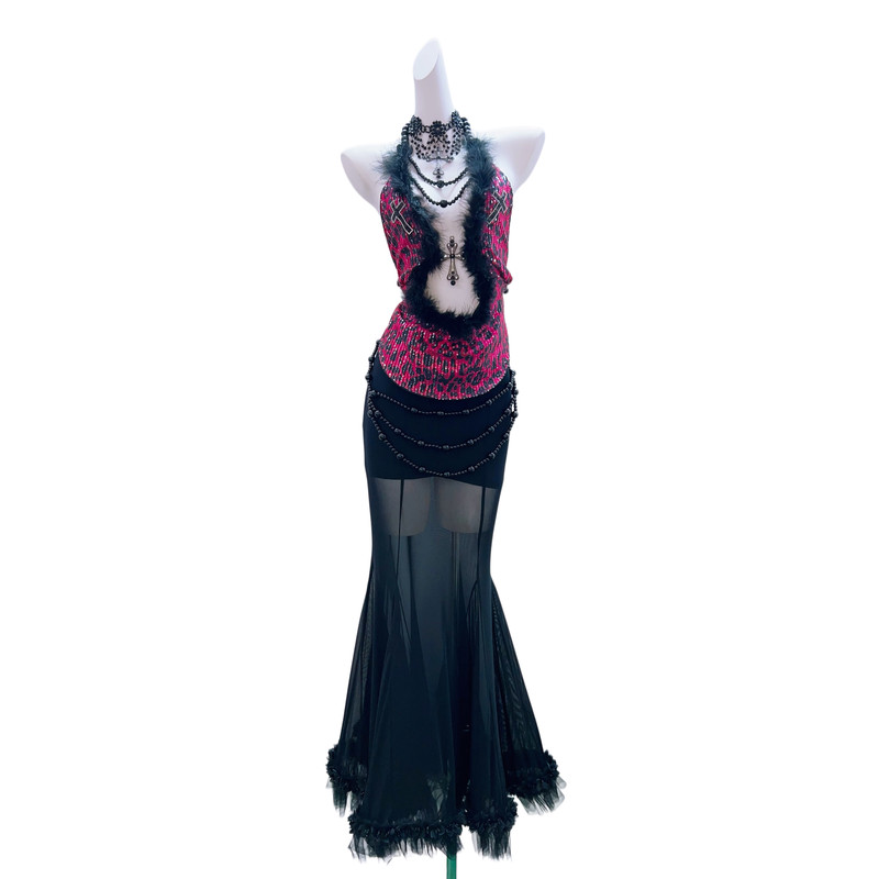 Original Retro Style Rose Red Leopard Print Sleeveless Beaded Halter Top Women's Gothic Long Dress Halloween Costume Original Retro Style Rose Red Leopard Print Sleeveless Beaded Halter Top Women's Gothic Long Dress Halloween Costume