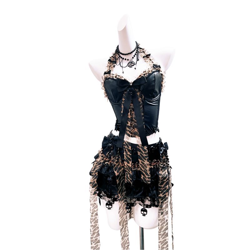 Gr Original Leopard Print Vintage Style Halter Neck Tank Top Short Skirt Spicy Girl Subculture Leopard Print Street Style Outfit