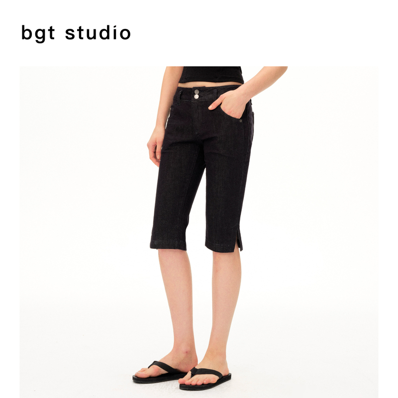 "Fashionable Wardrobe" Bgt Raw Denim Capri Cropped Jeans with Split Hem, Low-Waist Slim-Fit Casual Pants