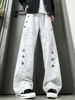 White and Gray Embroidered Heavy Fleece Sweatpants for Men, Autumn and Winter American High Street Tie-Dye Pants, Diagonal Cut Casual Flared Pants