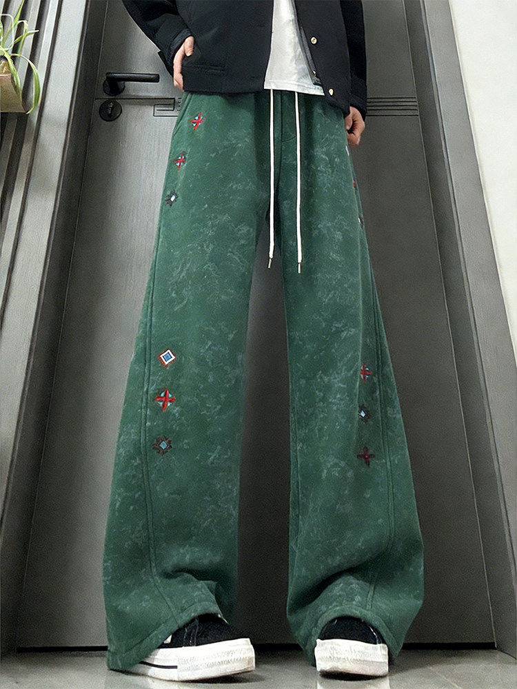 White and Gray Embroidered Heavy Fleece Sweatpants for Men, Autumn and Winter American High Street Tie-Dye Pants, Diagonal Cut Casual Flared Pants