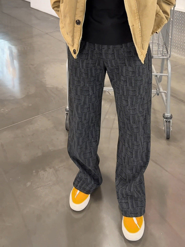 Black Tie-Dye Plaid Pants for Men, Autumn and Winter Heavy Fleece-Lined Curved Hem Sweatpants, Drapey, Non-Tight, Casual Flared Pants