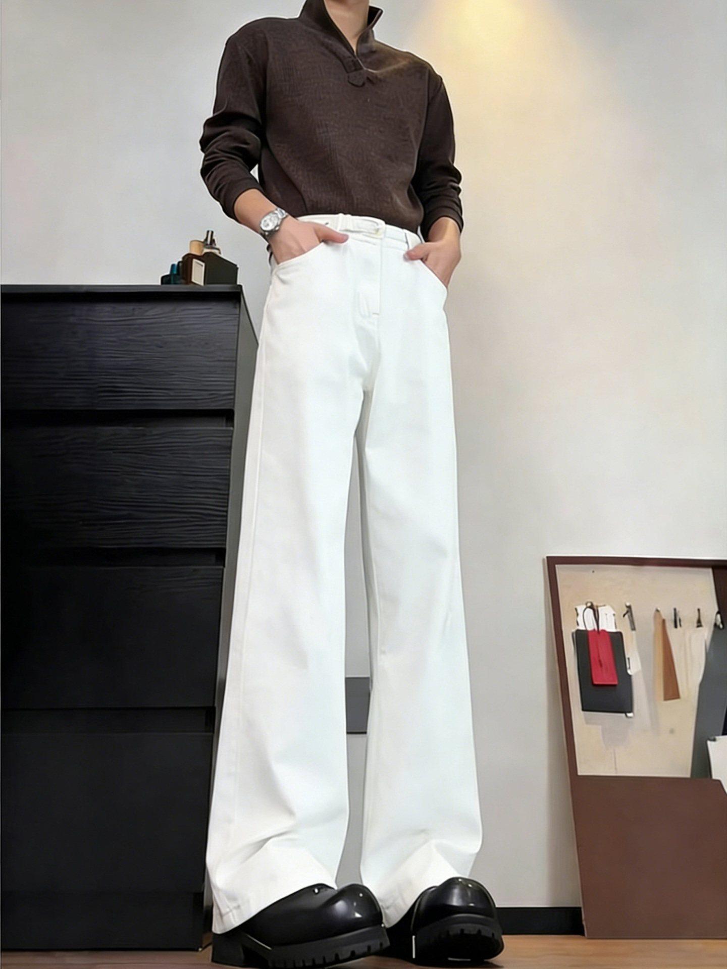 Cleanfit White Fleece-Lined Jeans for Men, Autumn and Winter American High Street Style Pants, Slightly Flared High-Waisted Straight Wide-Leg Pants