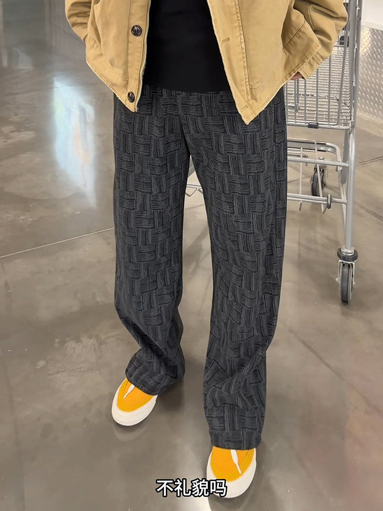 Black Tie-Dye Plaid Pants for Men, Autumn and Winter Heavy Fleece-Lined Curved Hem Sweatpants, Drapey, Non-Tight, Casual Flared Pants