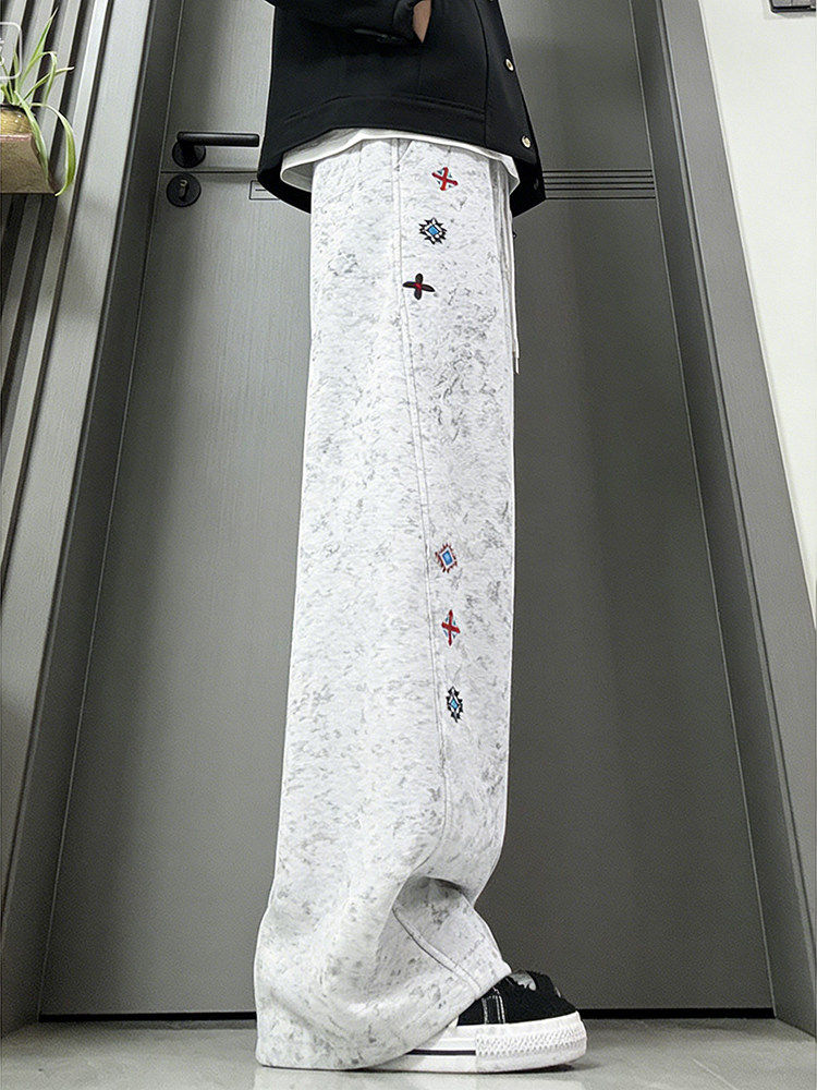 White and Gray Embroidered Heavy Fleece Sweatpants for Men, Autumn and Winter American High Street Tie-Dye Pants, Diagonal Cut Casual Flared Pants