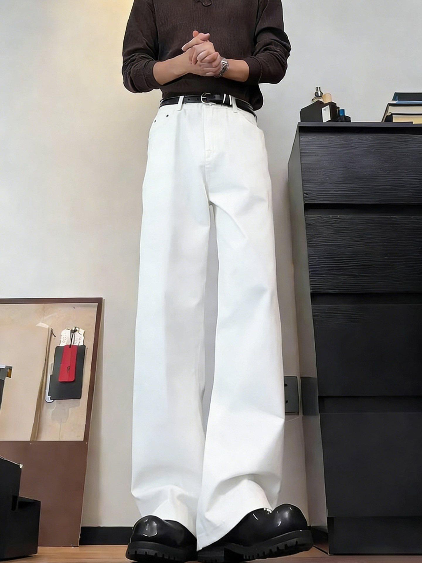 Cleanfit White Fleece-Lined Jeans for Men, Autumn and Winter American High Street Style Pants, Slightly Flared High-Waisted Straight Wide-Leg Pants