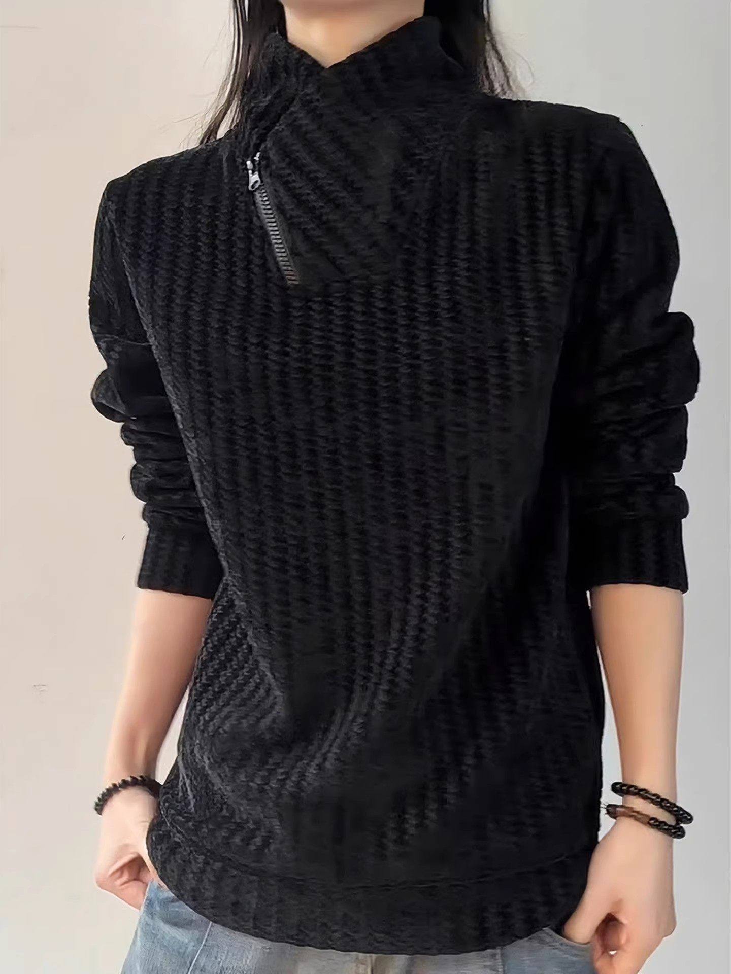 Black American-Style Diagonal Collar Zip-Up Sweatshirt for Men and Women, Spring and Autumn Fleece-Lined Long-Sleeve T-Shirt with a Stylish Design for Layering