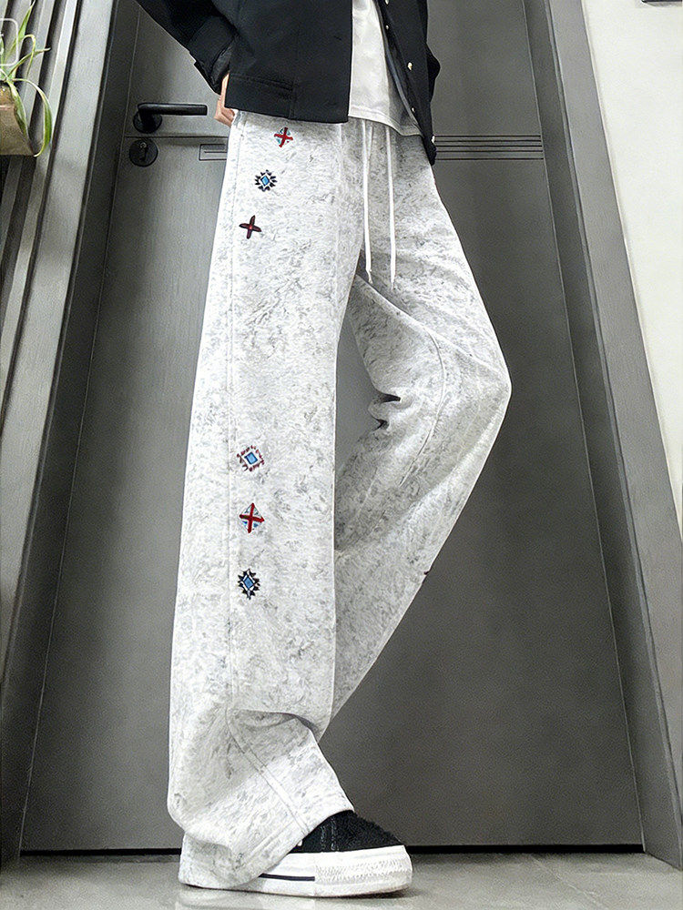 White and Gray Embroidered Heavy Fleece Sweatpants for Men, Autumn and Winter American High Street Tie-Dye Pants, Diagonal Cut Casual Flared Pants