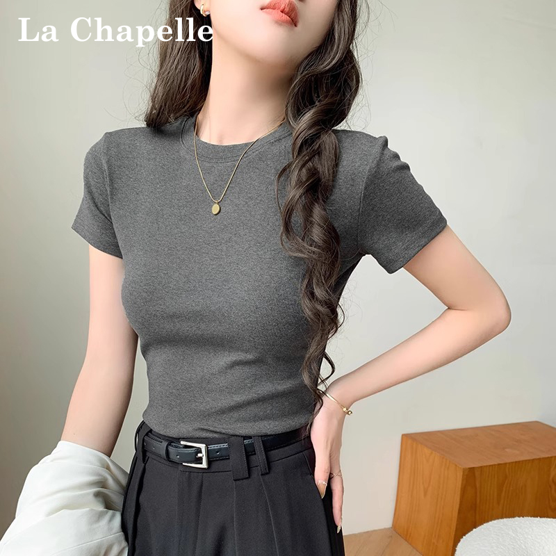 La Chapelle Gray Round Neck Regular Shoulder Short-Sleeve T-Shirt for Women, Summer 2026 New Style, High-End Slim-Fit Half-Sleeve Top
